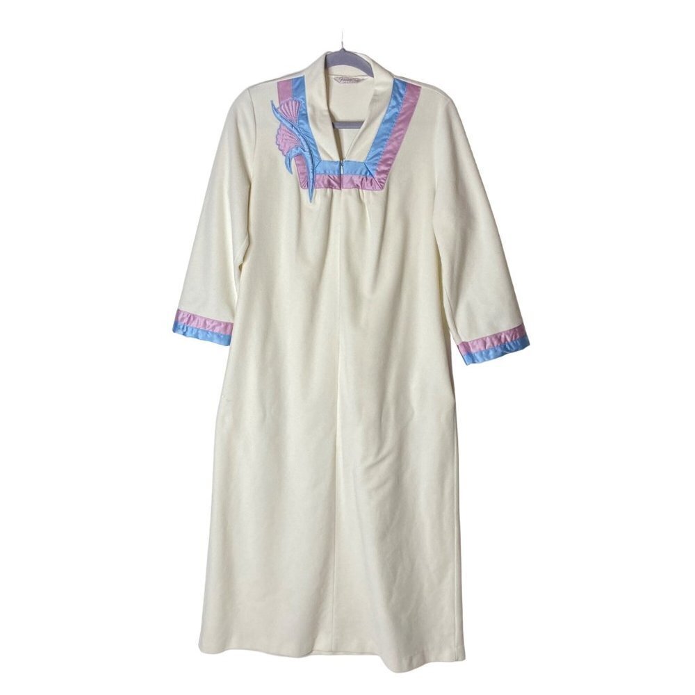 Vanity Fair Vintage ‎ Robe Satin Trim Pockets 1/2 Zip Off White USA Sz M Petite